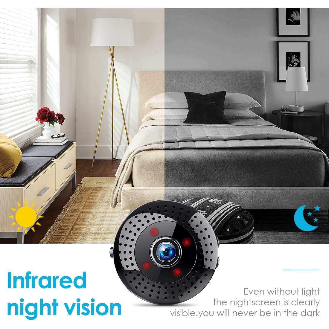 Mini telecamera spia Wi-Fi L27 con visione notturna a infrarossi, che mostra il monitoraggio di una camera da letto di giorno e di notte, anche al buio completo